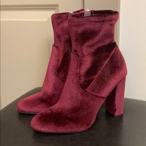 Steve Madden red velvet booties, never worn